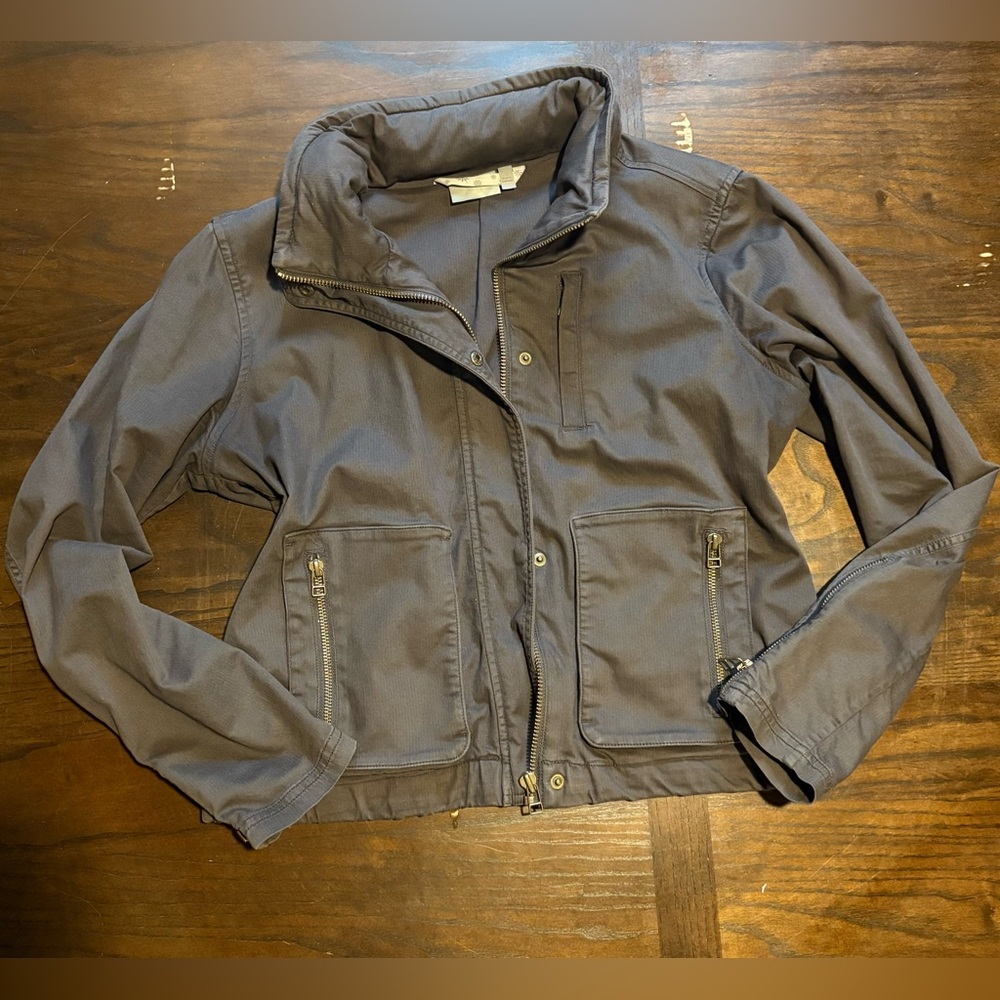 Athleta Cotton Twill Jacket In Army Grey Women's Size Medium with Zippered Hood